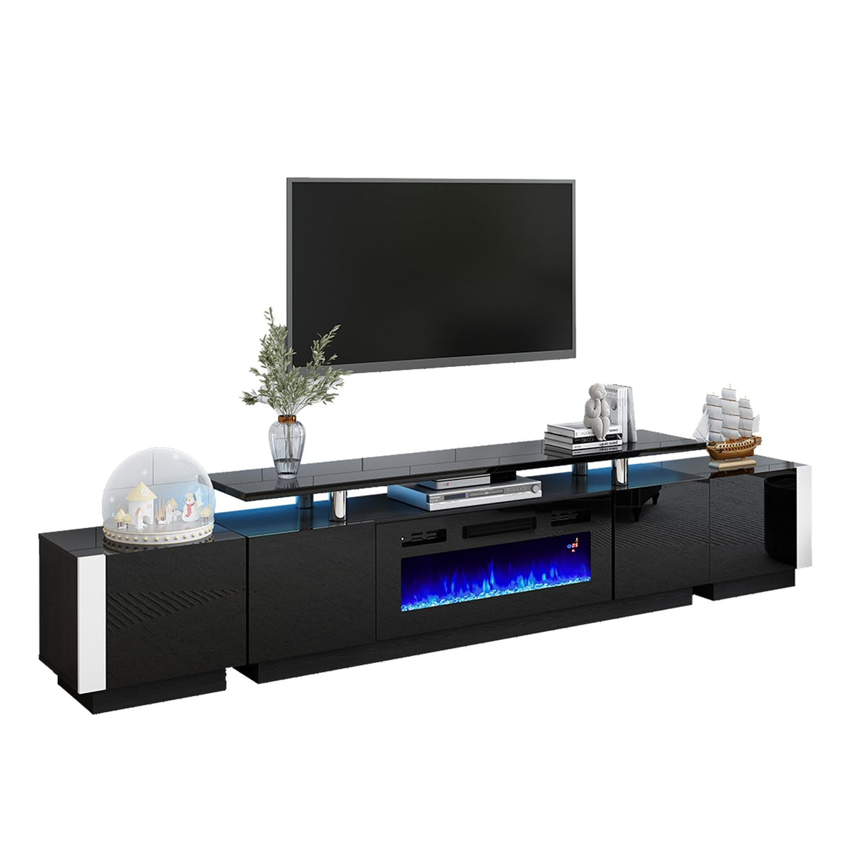 AMERLIFE 110" Large Fireplace TV Stand Set with 36" Electric Fireplace, Includes 70" 2-Tier Fireplace TV Stand, 2 x End Tables, Modern High Gloss TV Console with LED Light for Living Room, Black AMERLIFE