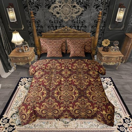 Erosebridal Damask Red Gold Victorian Women Comforter Set Queen Size 7 Pieces | Gothic Baroque Retro Bed in A Bag Paisley Aesthetic Vintage Bed Set Adults Girls Bedding Erosebridal
