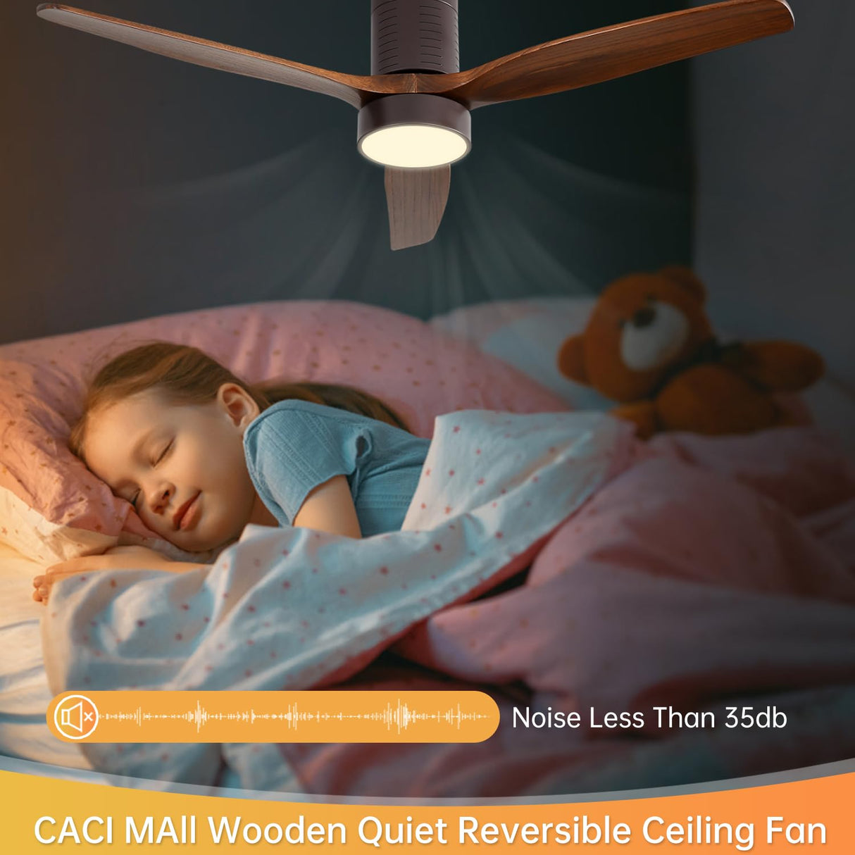 CACI Mall 52 Inch Flush Mount Ceiling Fan with Lights, 3 blade wood ceiling fan, Low Profile Ceiling Fan with Remote,Noiseless 6 Speeds Adjustable,Reversible DC Motor CACI Mall