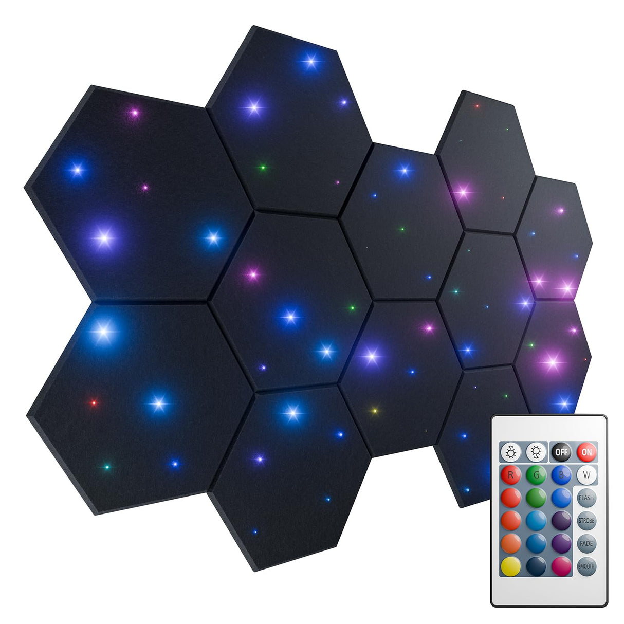ZenSonic 12 Pack Self-adhesive Sound Proof Foam Panels for Walls 12" X 10" X 0.4" - Hexagon Acoustic Panels with Fiber Optic Starlight, Stylish Soundproof Wall Panels Absorb Noise and Wall Decor Black ZenSonic
