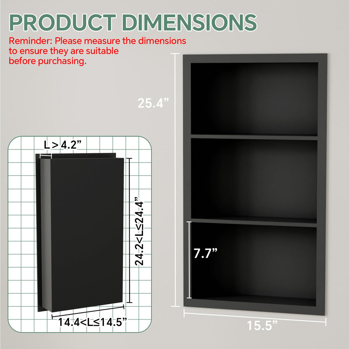 Giklux Stainless Steel Recessed Medicine Cabinet 14''*24'', Rust-Proof Metal Wall Niche, in Wall Shower Niche Shelf Insert Replacement, Recessed Medicine Cabinets for Drywall, Bathroom Storage, Black Giklux