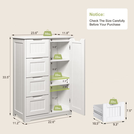 Gizoon 33" Small Kitchen Pantry Storage Cabinet with Door and Shelves, Pantry Cabinet Storage Cupboard, Freestanding Wooden Dresser with 4 Drawers for Bathroom and Dining Room, White Gizoon
