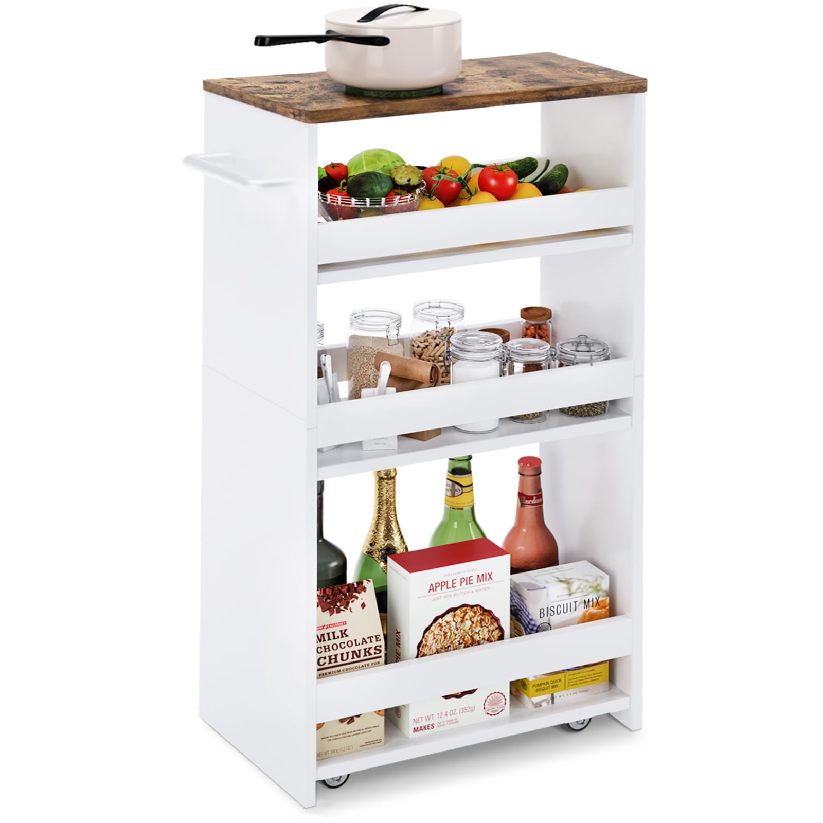 TEAMIX 4 Tier White Slim Storage Cart with Handle, 7.9''W Slide Out Storage Rolling Utility Cart Mobile Shelving Unit Organizer Trolley for Small Spaces Kitchen Laundry Narrow Places - WoodArtSupply