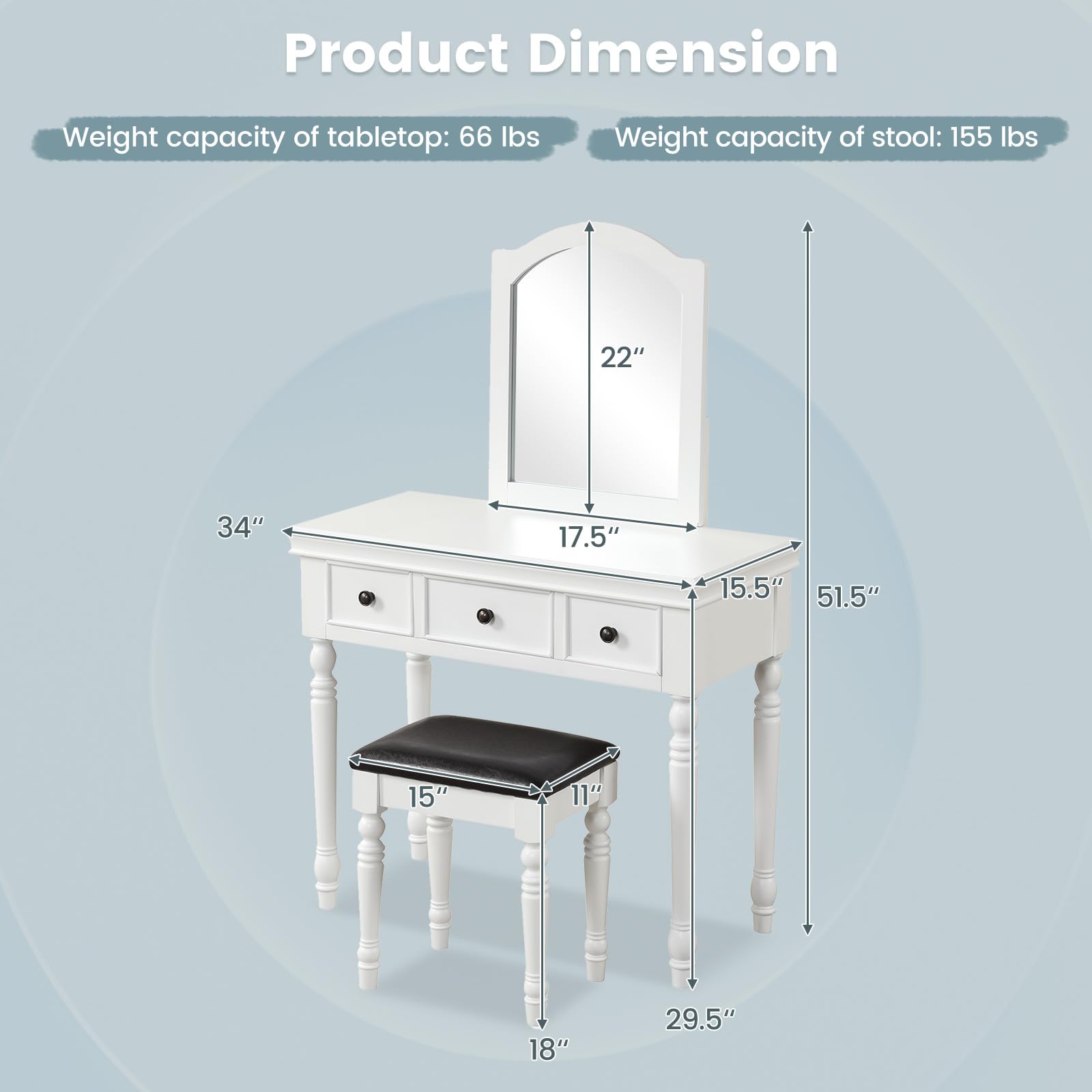 CHARMAID Makeup Vanity Desk with Mirror and Stool, 34'' Wide Vanity Table Set with Large Mirror, 3 Drawers, Cushioned Stool, Solid Wood Legs, Bedroom - WoodArtSupply