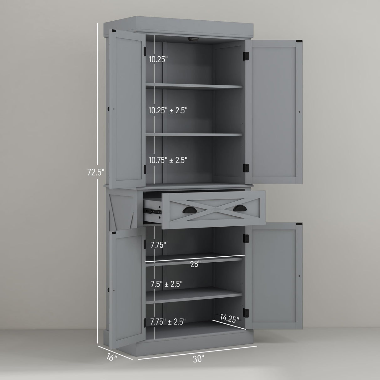 HOMCOM 72" Kitchen Pantry Storage Cabinet, Traditional Freestanding Cupboard with 4 Doors and 2 Adjustable Shelves, Large Central Drawer, X-Frame, Gray HOMCOM