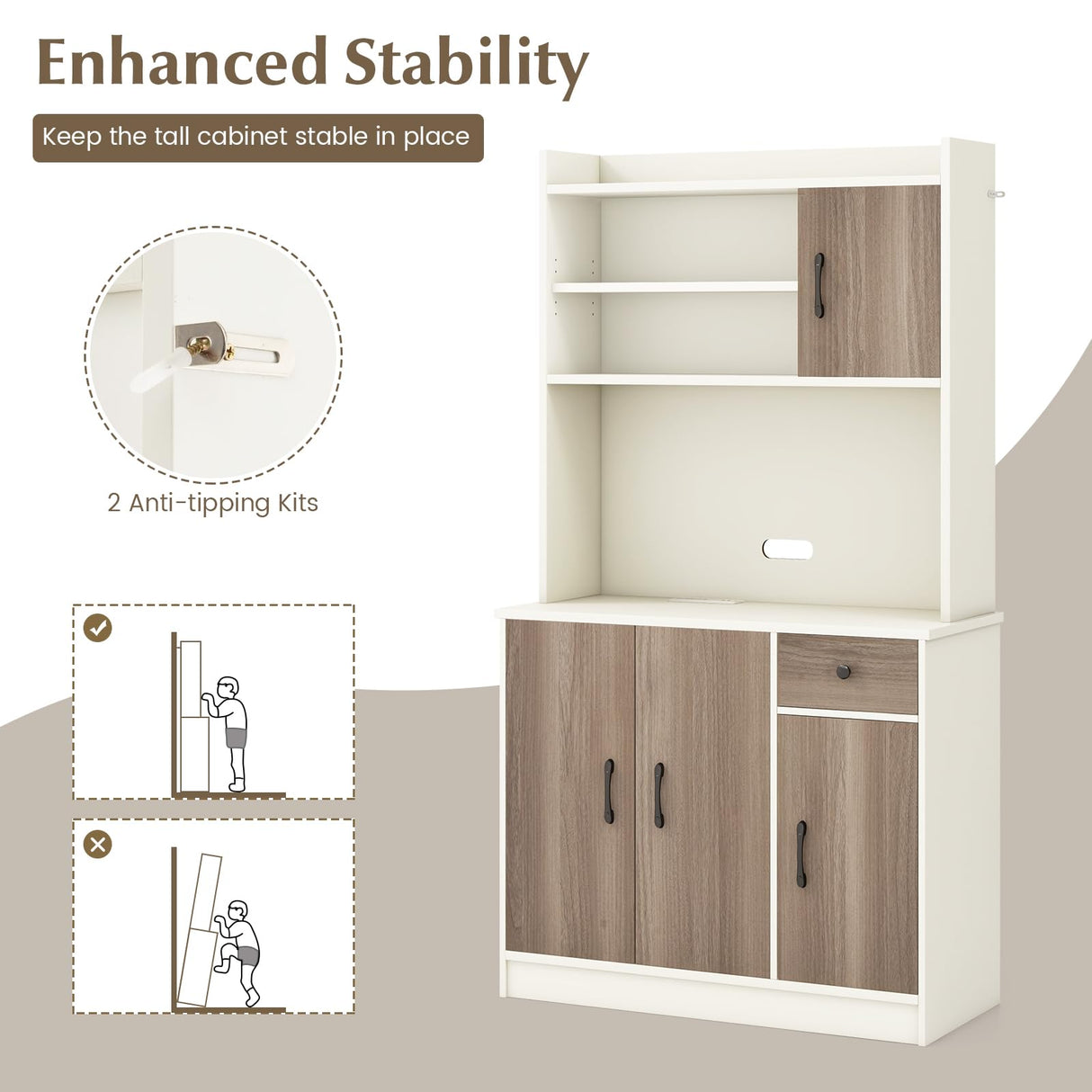 COSTWAY Kitchen Pantry Storage Cabinet, 71" Freestanding Tall Hutch Cabinet with Charging Station, Microwave Stand, Adjustable Shelves, Modern Buffet Cabinet with Hutch for Dining Room, Kitchen, White COSTWAY