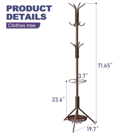 Wieghda Coat Rack Freestanding,Entryway Hanger Stand,Umbrella Holder,Hall Tree With 12 Hooks, Floor Standing Metal Tree Stand,brown Wieghda