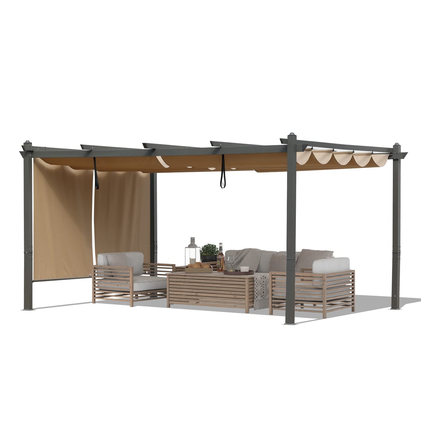 BPS 16 x 12 FT Outdoor Pergola with Retractable Shade Canopy, Dark Gray Matte Aluminum Frame, 2 Pieces Roller Shade Curtain, Grape Trellis Pergola for Patio Backyard and Deck - Khaki