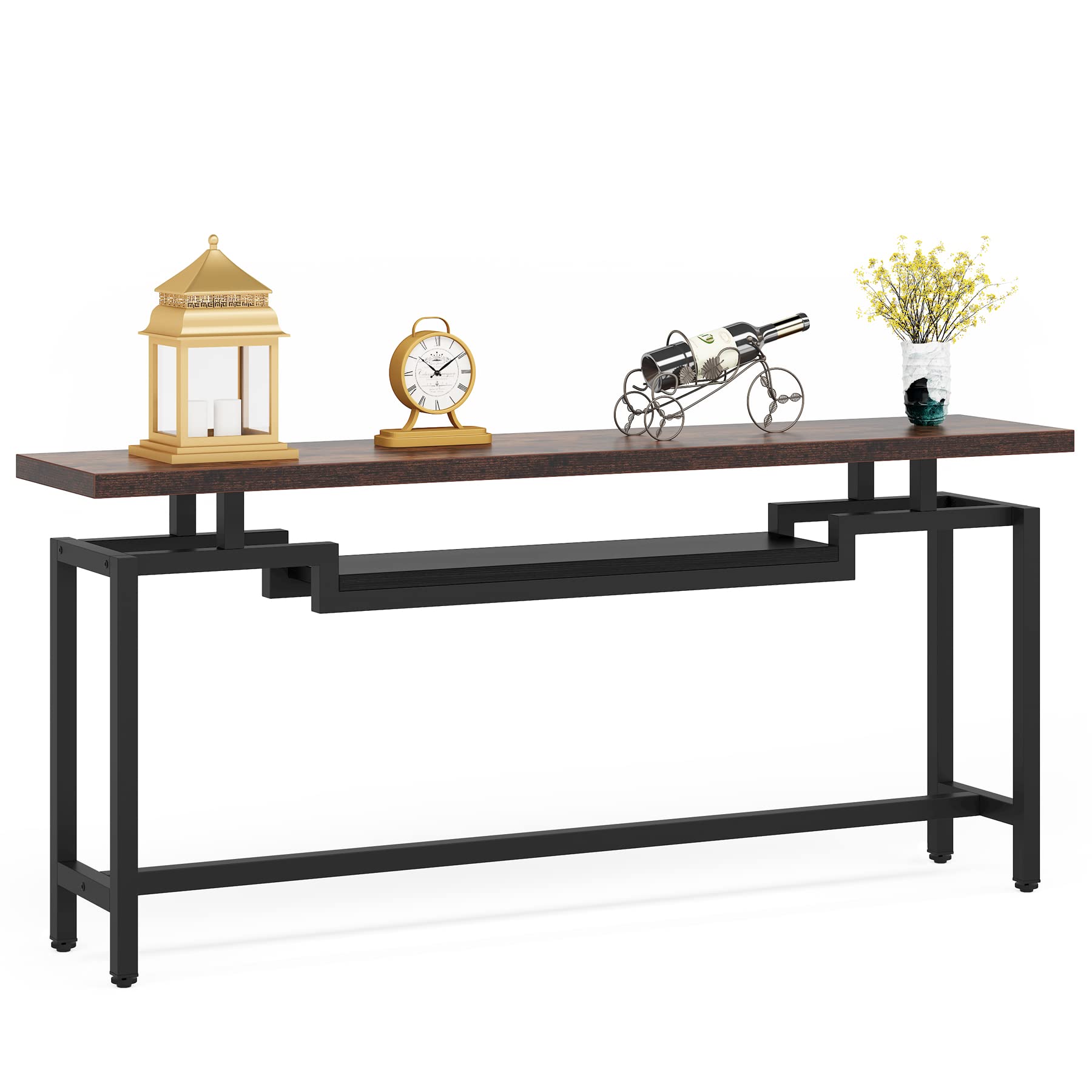 Tribesigns 70 inch Sofa Table, Narrow Long Console Table with 2 Tiers, Industiral TV Console Behind Couch Table with Storage for Entryway, Living Room, Brown & Black - WoodArtSupply