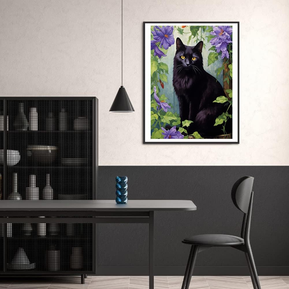 MaiYiYi Black Cat Diamond Painting by Numbers, 5D Full Round Drill Pet Cat Diamond Painting Cross Stitch Kit, Flower Cat Diamond Dots Art for Adult Beginners Home Wall Art Decor (30X40 CM) MaiYiYi