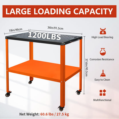 Welding Table Welding Cart 36''×18'', 1200lbs Load Capacity Industrial Workbench with 5/8" Holes Fixture Table with Wheels (Orange) - WoodArtSupply