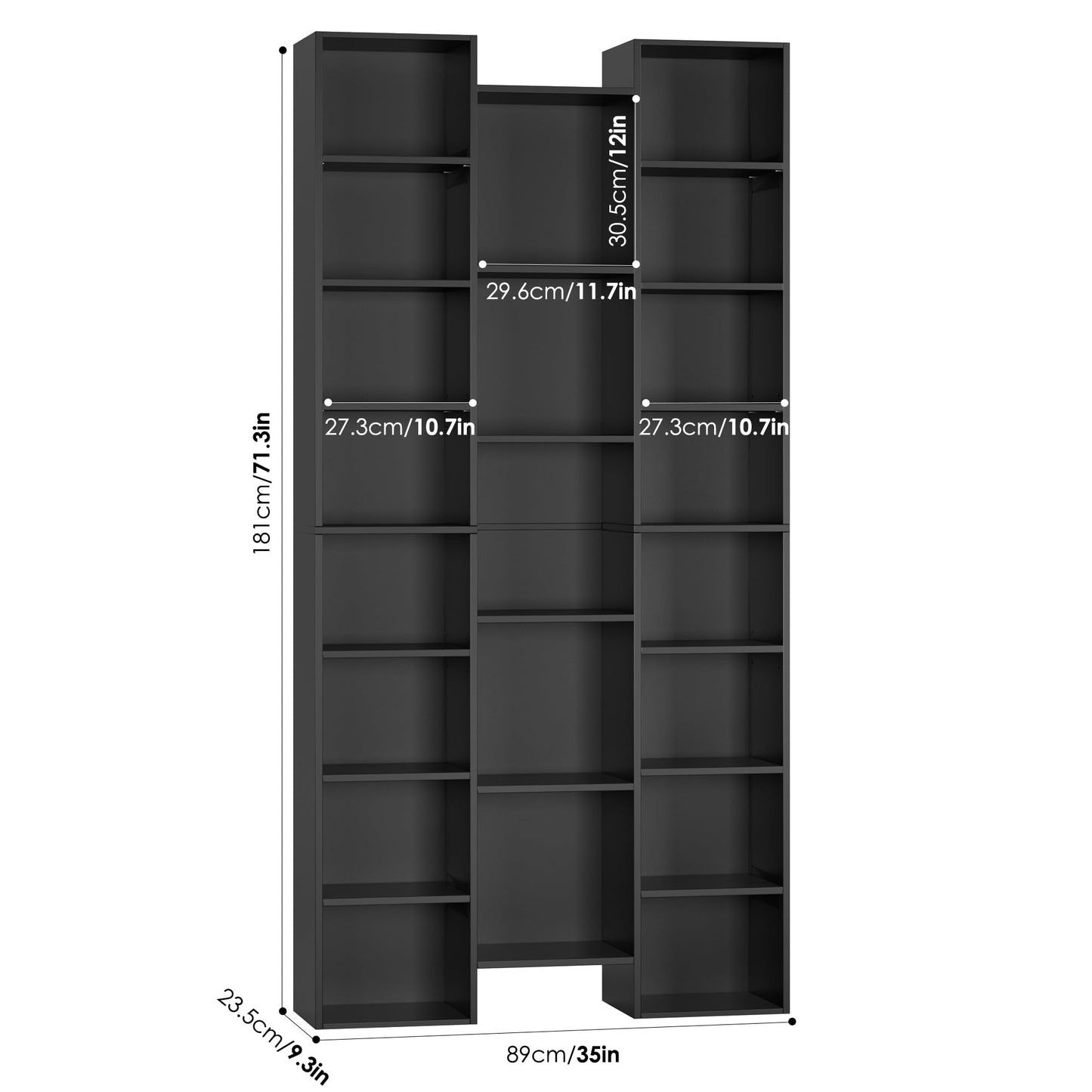 FOTOSOK Triple Wide 71" Tall Black Media Storage Tower with Adjustable Shelves - WoodArtSupply