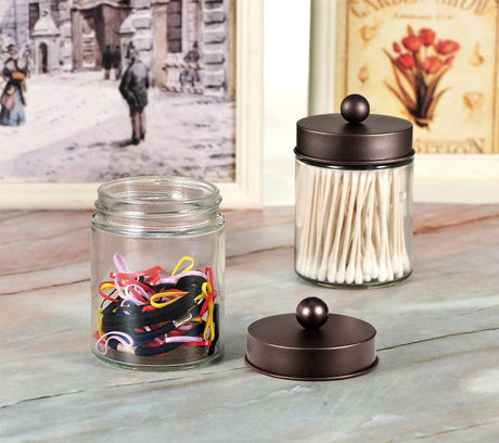 Amolliar Apothecary Jars Bathroom Storage Organizer - Cute Qtip Dispenser Holder Vanity Canister Jar Glass with Lid for Cotton Swabs,Rounds,Bath Salts,Makeup Sponges,Hair Accessories/Bronze (2 Pack) Amolliar