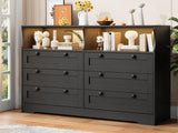 GarveeHome Black Dresser for Bedroom with Power Outlet, Modern 6 Drawer Dresser Wooden with LED Light, Large Capacity Storage Dressers Bedroom, Tv Stand Dresser for Bedroom with Large Drawer, Handles GarveeHome