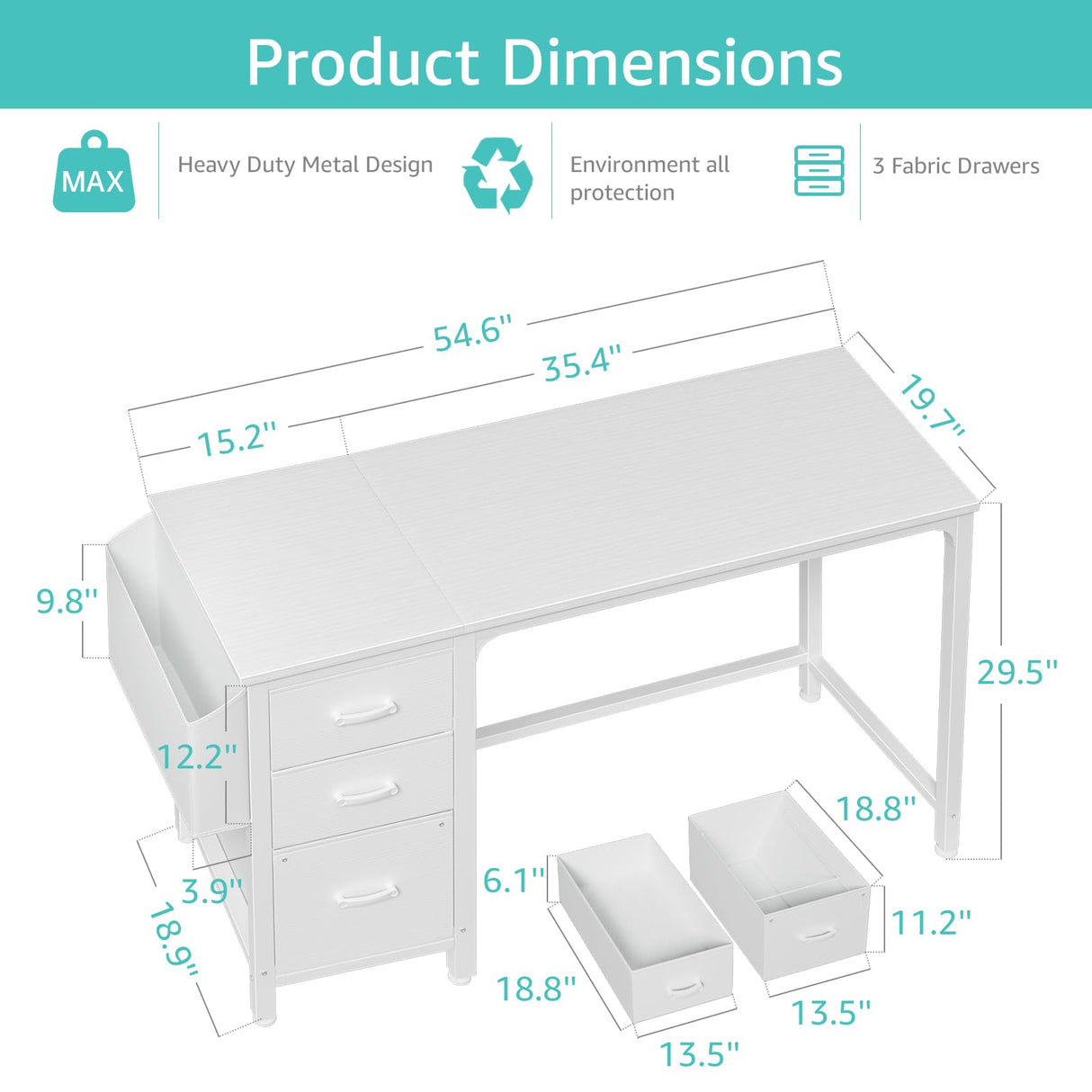 Lufeiya White Computer Desk with Fabric File Drawers Cabinet, 55 Inch Desks with Storage Filing Cabinet for Home Office, Modern Writing Table PC Desks for Bedroom, White Lufeiya