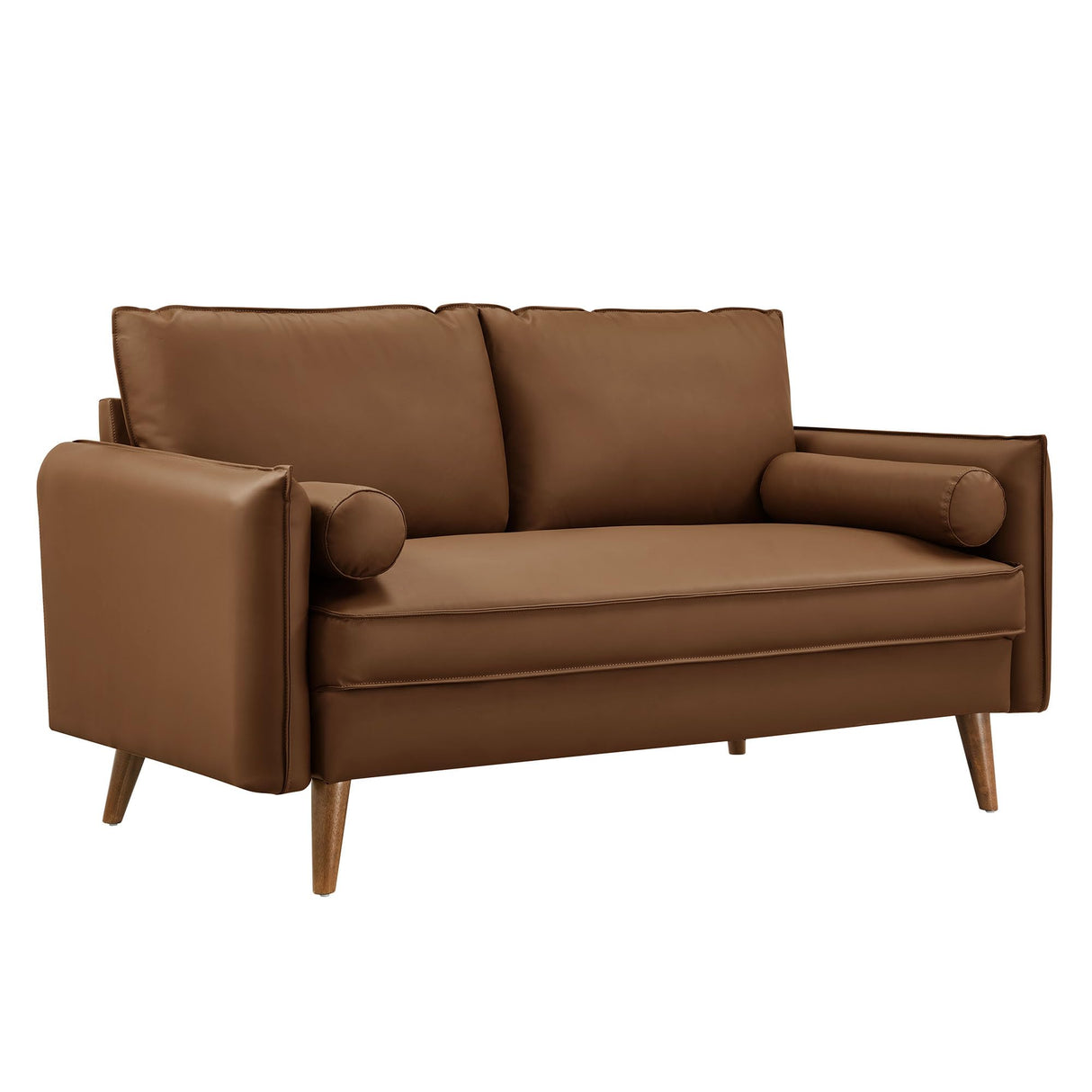 Modway Revive 59 Inch Faux Leather Loveseat in Brown – Mid Century Modern Upholstered Loveseat with Gold Legs - Small Space Sofa for Living Room, Office, or Apartment Modway
