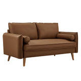 Modway Revive 59 Inch Faux Leather Loveseat in Brown – Mid Century Modern Upholstered Loveseat with Gold Legs - Small Space Sofa for Living Room, Office, or Apartment Modway