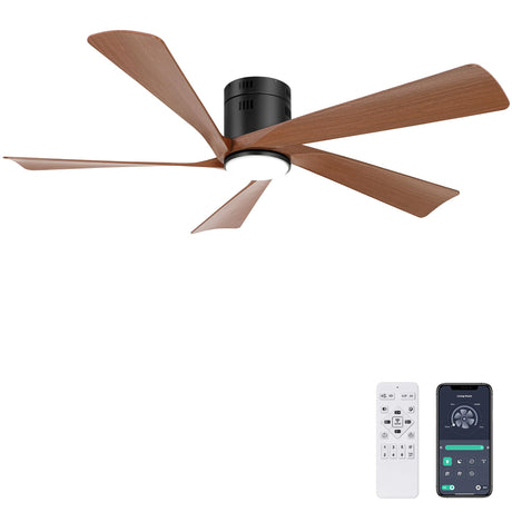 Ohniyou 52” Flush Mount Farmhouse Ceiling Fan with Lights, Remote & APP Control Low Profile Indoor Outdoor Ceiling Fans, Dimmable, Quiet DC Motor, Reversible, Black+Wood Ohniyou
