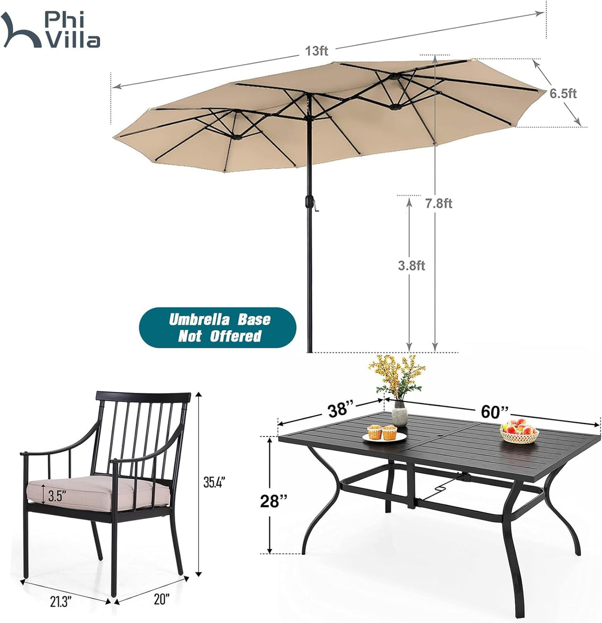 PHI VILLA 7 Piece Outdoor Dining Set with Umbrella, 60” Rectangular Metal Dining Table & 6 Cushioned Wrought Iron Chairs & 13ft Large Beige Umbrella for Patio, Deck, Yard, Porch PHI VILLA