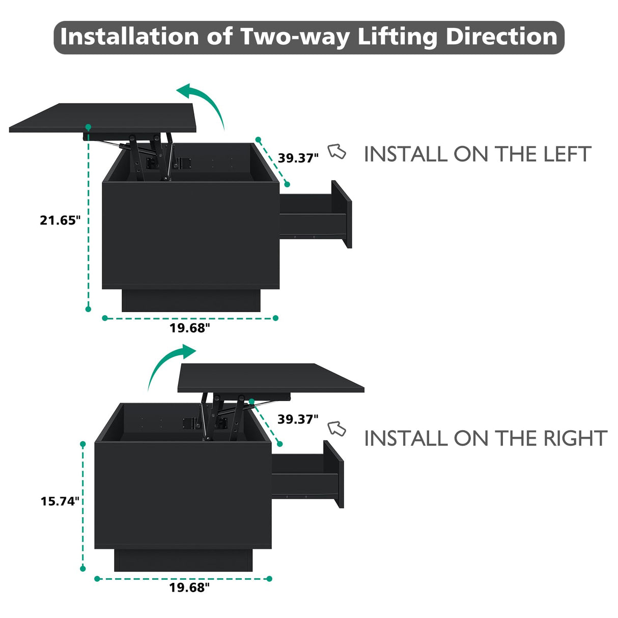 HOMMPA Lift Top Coffee Table with Storage LED Coffee Table Morden High Gloss Living Room 3 Tiers Modern Tea Table with Storage Center Tables Hidden Compartment & Open Shelve & Drawer Black HOMMPA