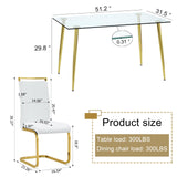Ebullient Glass Dining Table Set for 4,5 Piece Dining Table and Chairs Set，Modern Kitchen Dining Room Table with 4 White PU Leather Dining Chairs,0.31” Tempered Glass Table Top with Gold Metal Legs Ebullient