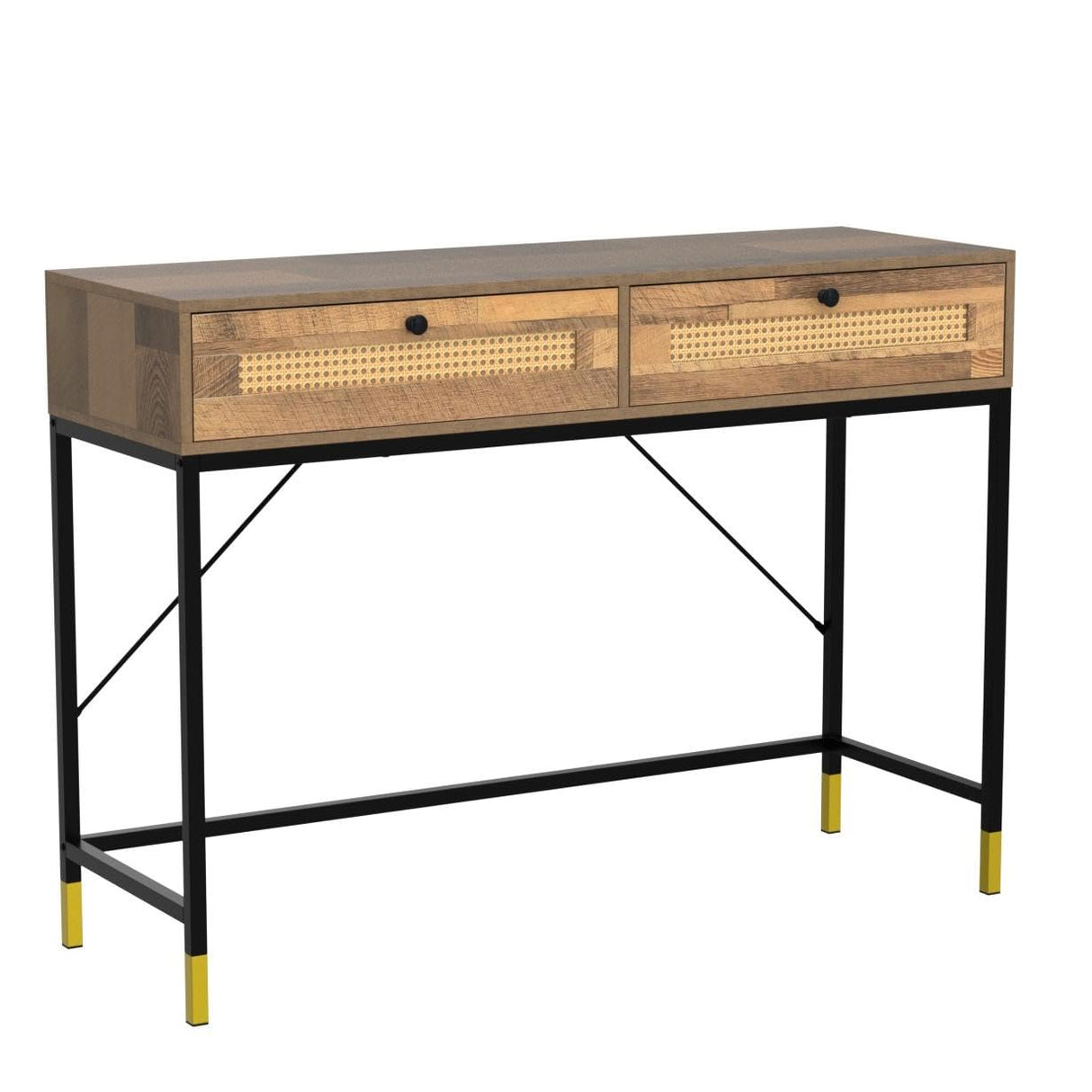 GIA Home Furniture Series Mid Century Console Table Rattan Crafted Drawers,Wood Computer Desk Installed,Salmon Oak Finishing, Black Metal Leg GIA