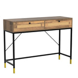 GIA Home Furniture Series Mid Century Console Table Rattan Crafted Drawers,Wood Computer Desk Installed,Salmon Oak Finishing, Black Metal Leg GIA