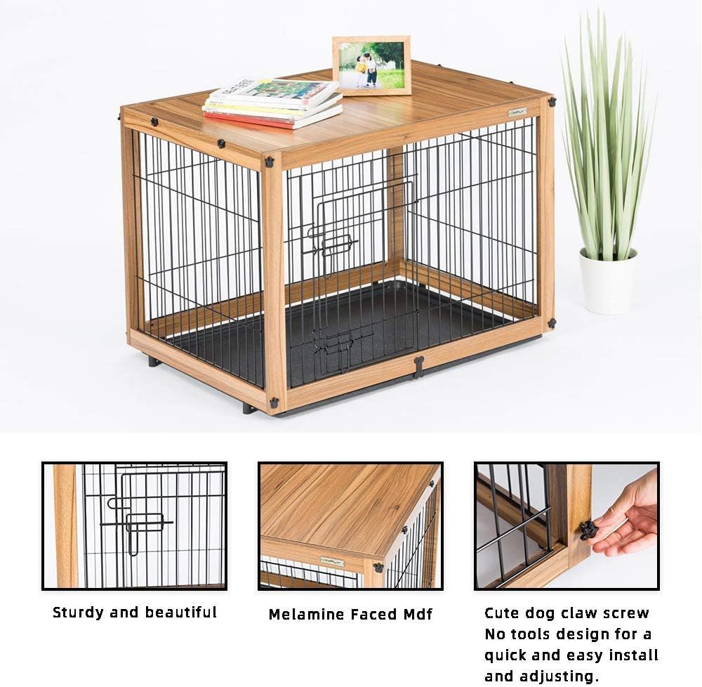 Dog Crate Furniture with Removable Top Cover, Wooden Crate with Tray, Dog Kennel Indoor for Small/Medium/Large Dogs(Light Brown, 37.4" L*25.9" W*25.8" H) Furnipeture