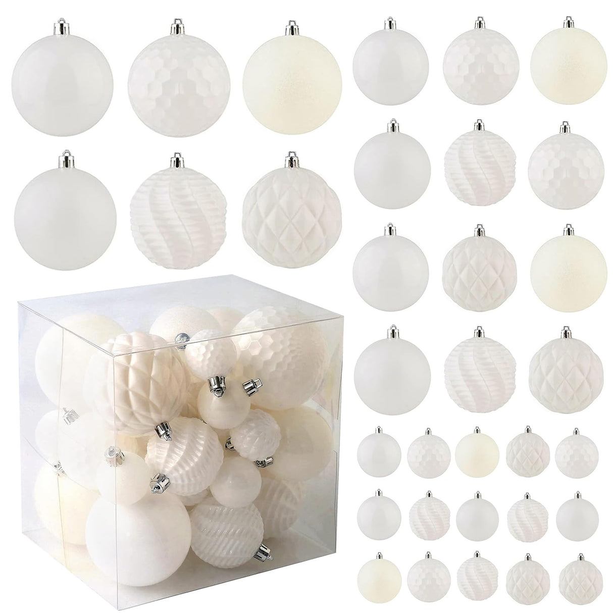 Christmas Balls Ornaments -36pcs Shatterproof Christmas Tree Decorations with Hanging Loop for Xmas Tree Wedding Holiday Party Home Decor,6 Styles in 3 Sizes(White) Jorysics