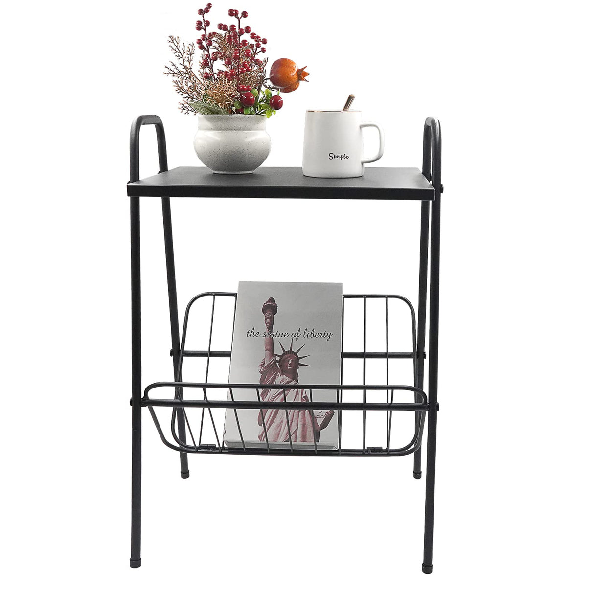 Jbikao End Table, Metal Nightstand, Record Player Table with Magazine Holder, Record Player Stand with Storage, Side Table for Living Room, Bedroom for Small Spaces, Black Jbikao