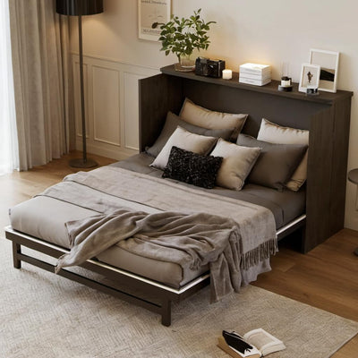 PVWIIK Queen Size Multi-Functional Bed Frame with Rattan Decoration Panel and Drawer for Girls/Boys,Home Office, Studio,Bedroom,Cabinet Murphy Bed w/Plank Support,No Box Spring Needed, Espresso