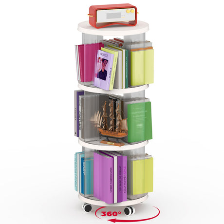 Rolling Bookshelf, 360°Display Spinning Rotating Revolving Bookshelf with Brake Wheels, 3 Tiers Moveable White Small Corner Bookcase Suitable for Bedrooms, Living Looms, Offices, and Study Rooms Leafpool