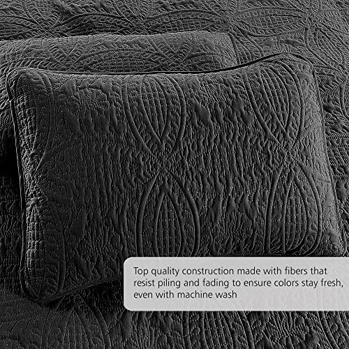 Pure Bedding Quilt Set Full/Queen Size Black - Oversized Bedspread - Soft Microfiber Lightweight Coverlet for All Season - 3 Piece Includes 1 Quilt and 2 Shams, Geometric Pattern Pure Bedding