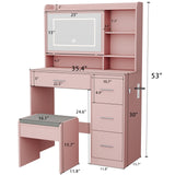 Viaozutis Vanity Desk with a Mirror and Lights，with Chair and Four Drawers, Three Adjustable Lighting Modes，with Power Outlet and Sliding LED Mirror,Bedroom Vanity Desk (Pink) Viaozutis