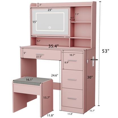 Viaozutis Vanity Desk with a Mirror and Lights，with Chair and Four Drawers, Three Adjustable Lighting Modes，with Power Outlet and Sliding LED Mirror,Bedroom Vanity Desk (Pink)