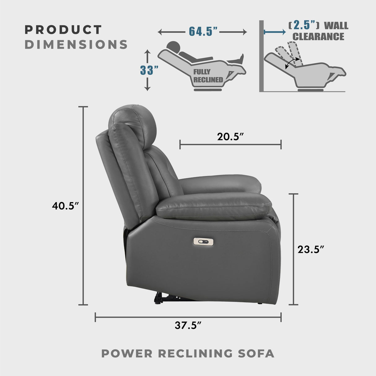 Lexicon Power Double Recliner Sofa, Top Grain Leather Match Reclining Sofa with Pillow Top Armrests, Home Theater Seating, Wall Hugger Recliner Couch with USB Port, 87" W, Dark Gray Lexicon