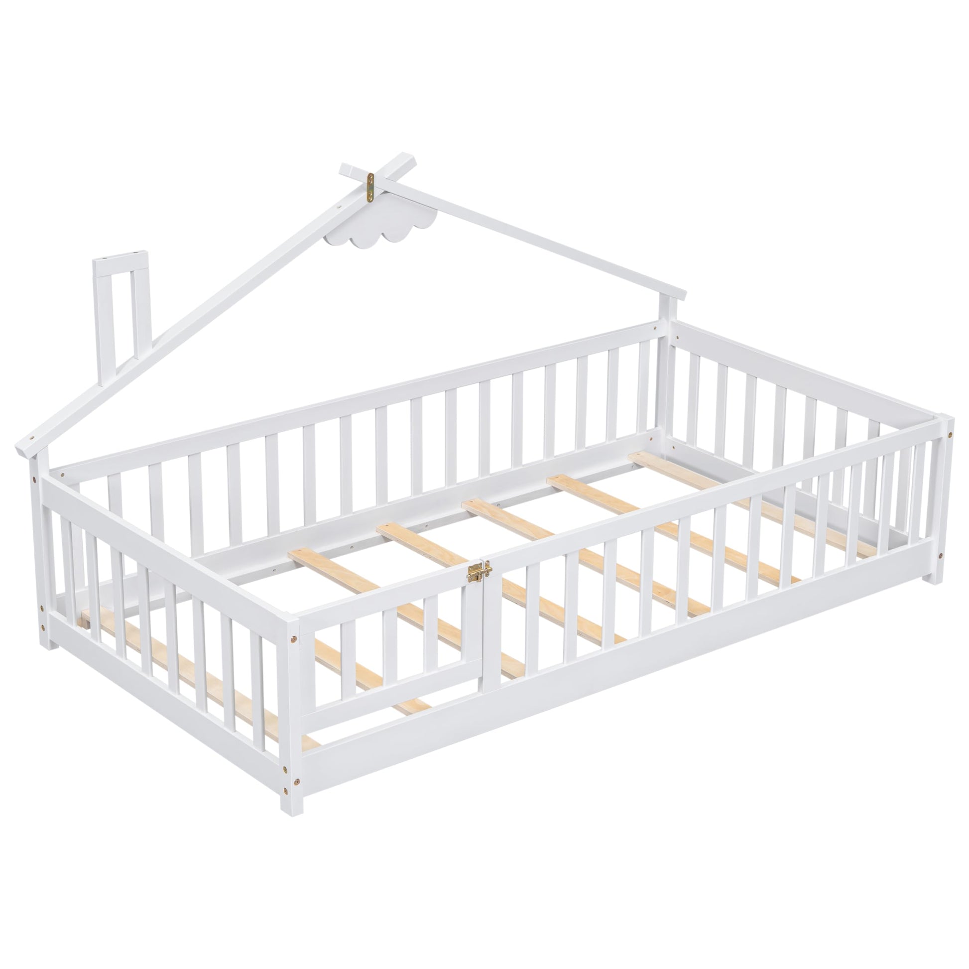 Harper & Bright Designs White Twin Montessori Floor Bed Frame with House-Shaped Roof and Guardrails - WoodArtSupply