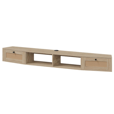 EROMMY Modern Rattan Floating TV Stand, Wall-Mounted Floating Stand for TVs up to 80 Inches with Doors, Entertainment Center for Under TV Storage, 70 inch, Oak EROMMY