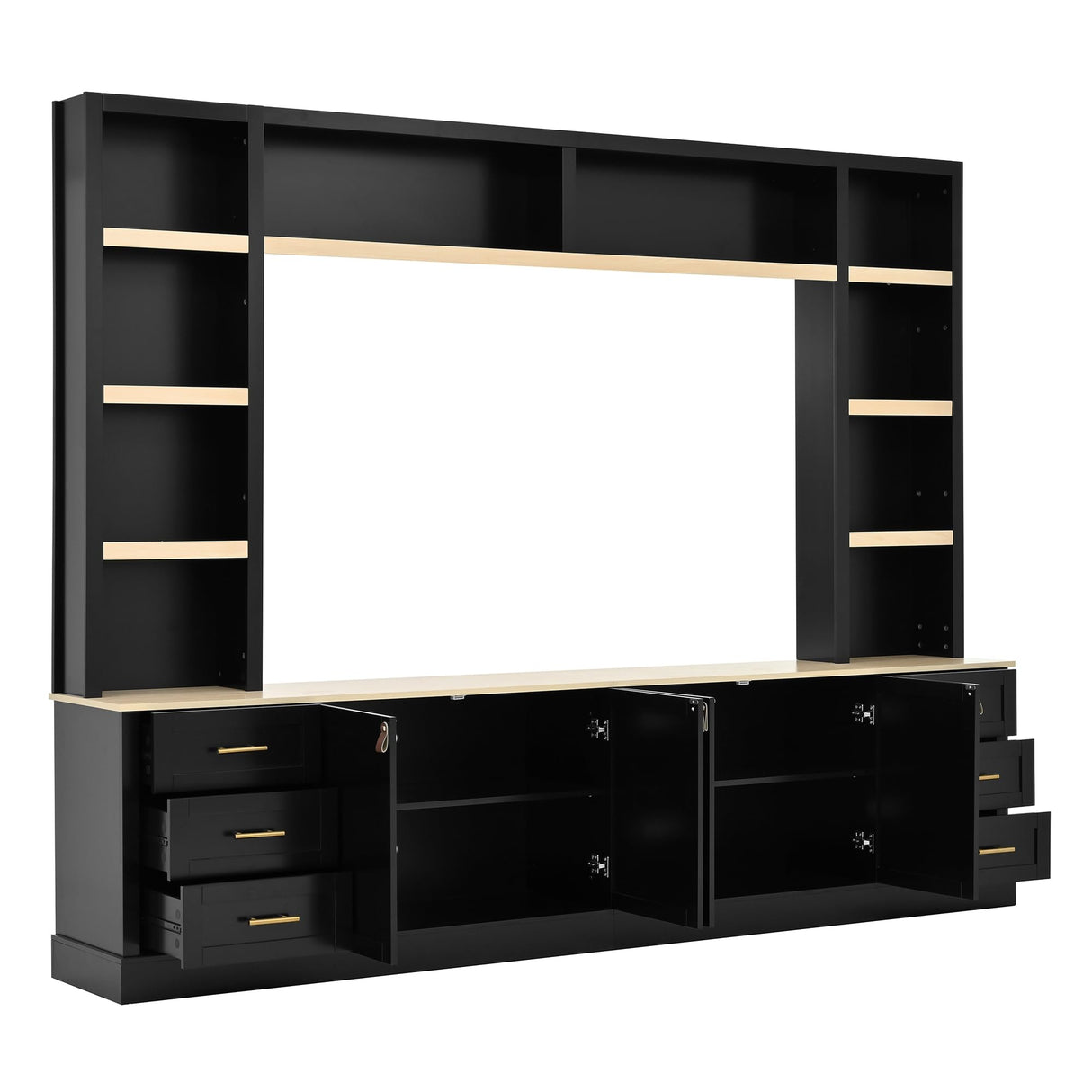 Farmhouse 4-Piece Entertainment Center Wall Unit with Adjustable Shelves, 102.3" W Modern Large TV Stand with Bookshelves for TVs Up to 75" and 6 Drawers for Living Room (Black) Wantble