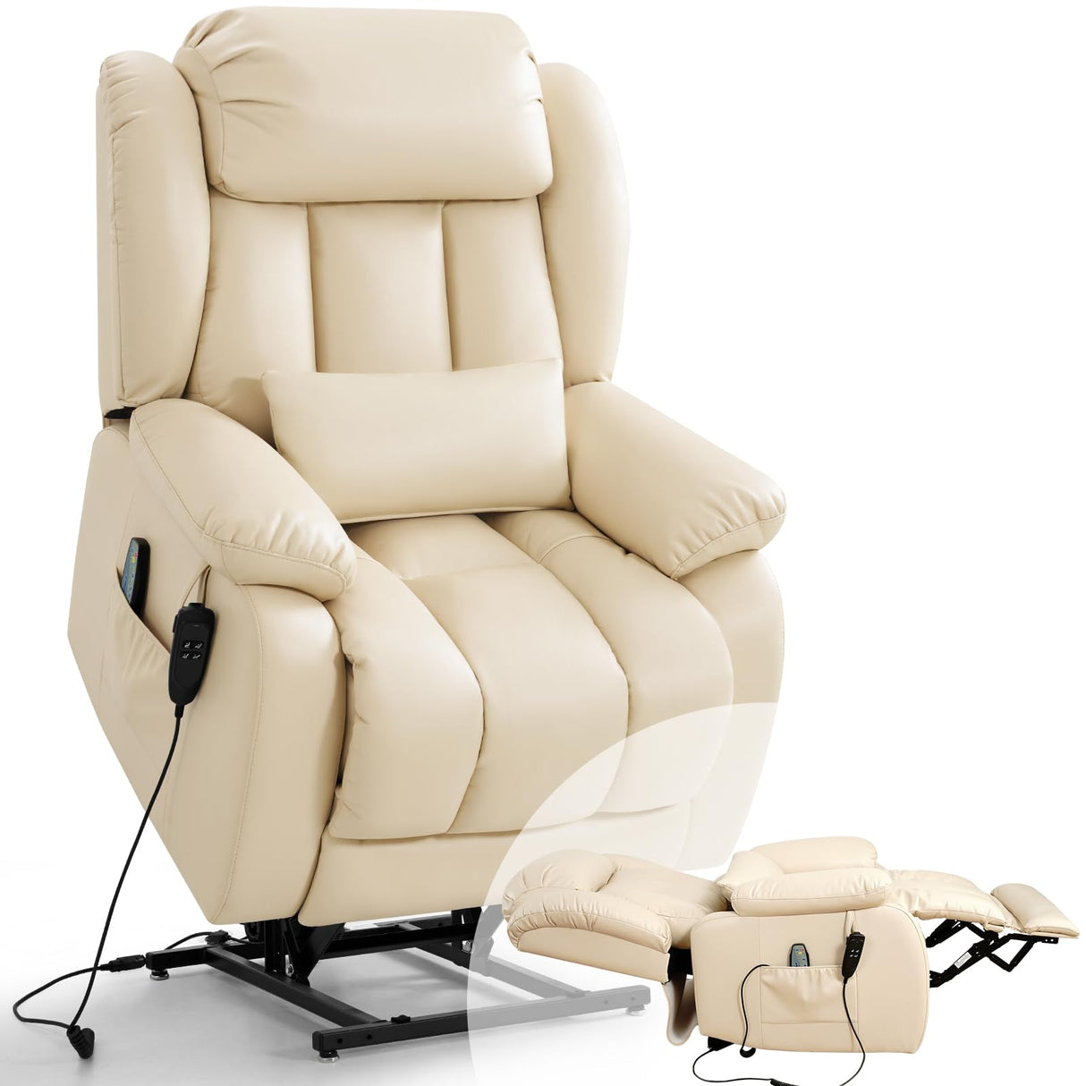 Infinite Position Lay Flat Lift Recliner Chair for Adults, Dual Motor Power Lift Chair for Elderly with Massage & Heating, Extended Footrest, USB Ports, Remote Control & Lumbar Pillow, Leather (Cream) RESTREAL