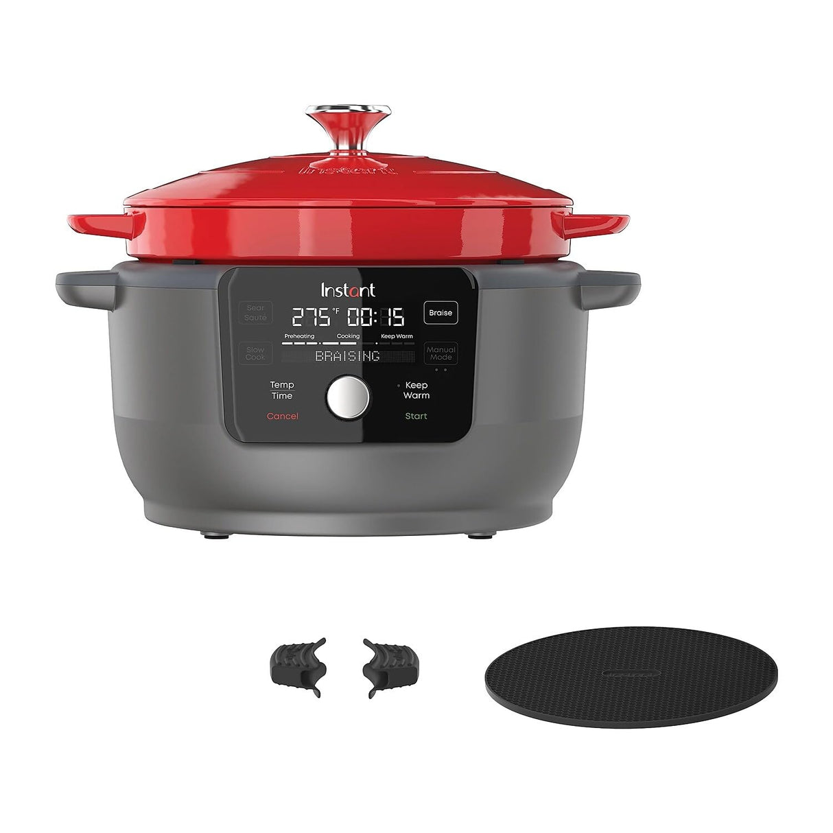 6-Quart 1500W Electric Dutch Oven with Recipe Book - Braise, Slow Cook, Sear, Warm, Red Enameled Cast Iron Instant
