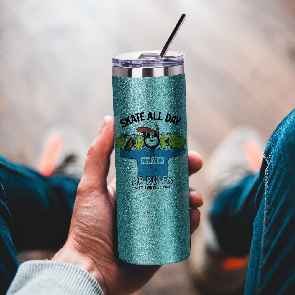 PYD Life Sublimation Blank Glitter Skinny Tumbler Teal 20 OZ Straight Stainless Steel Tumbler with Metal Straw for Tumbler Heat Press Machine Heat Transfer 4 Pack PYD Life