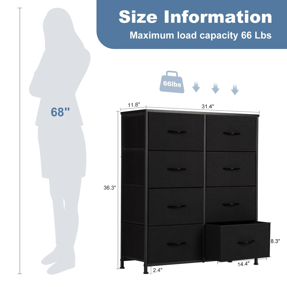 DUMOS 8 Drawer Dresser for Bedroom, Fabric Storage Organizer with Sturdy Metal Frame, Wooden Top Chest of Drawers for Closet Entryway Guest Room,Matte Black DUMOS