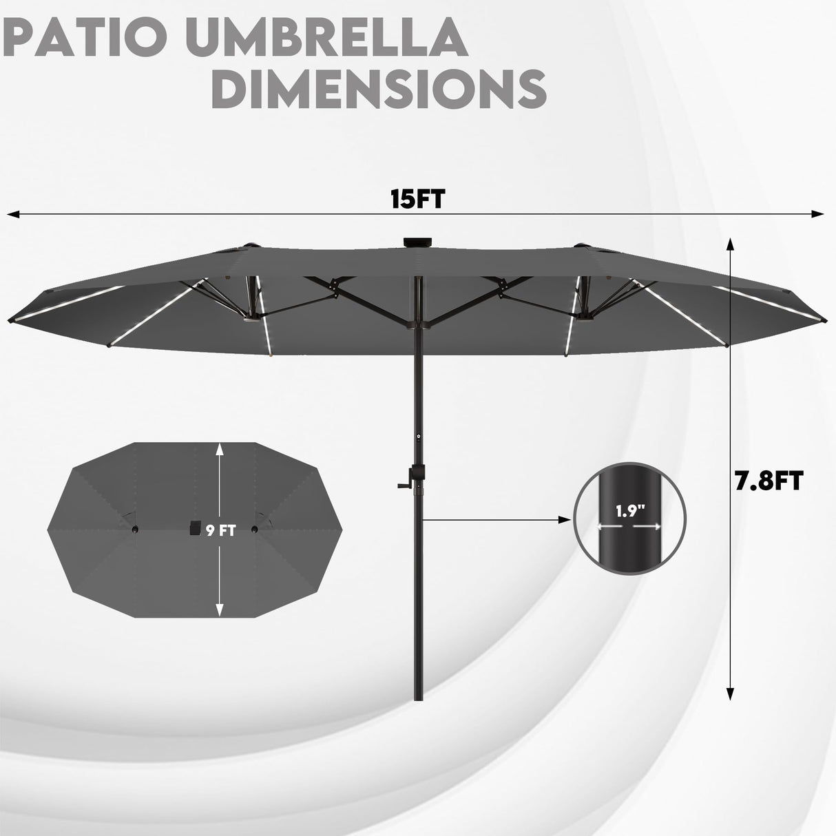 GDPFN 15ft Large Patio Umbrella with Solar Lights, Outdoor Double-Side Rectangular Umbrella, Backyard Pool Umbrella with LED Light for Deck, Outside, Market, Dark Gray (Base Not Include) GDPFN