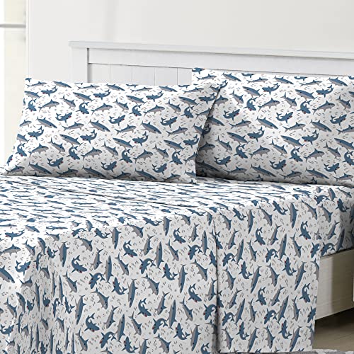 dream FACTORY Kids Sheet Set Lightweight Microfiber Bed Sheets Super Soft Easy Wash Cozy Bedding 10” Pocket - Twin, Blue Sharks dream FACTORY