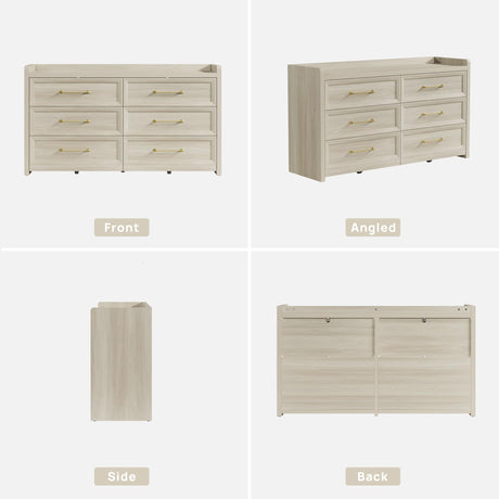 SICOTAS 6 Drawer Dresser for Bedroom-56.4" Extra-Wide Wooden Chest of Drawers with Large Storage, Long Dresser TV Stand with Drawers, Farmhouse Closet Dressers for Nursery Living Room, Grey White Oak SICOTAS