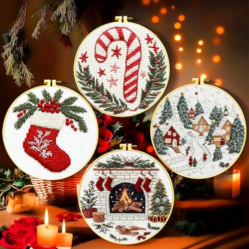 Zhenqing 11 Count Stamped Cross Stitch Kits for Adults Beginners, Hand Embroidery Christmas Ornaments kit with Instructions Embroidery Hoops,Christmas Stocking-Four-Piece Set(68446)