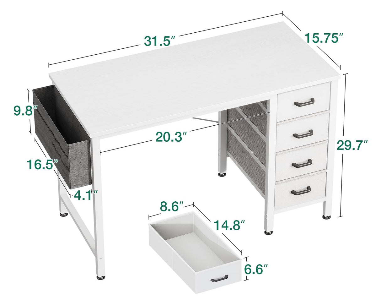 Casaottima 32 inch Small Computer Desk with 4 Fabric Drawers, Side Hook and Cloth Bag, Kids Study Table for Bedroom and Small Space, Pure White Casaottima