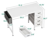 Casaottima 32 inch Small Computer Desk with 4 Fabric Drawers, Side Hook and Cloth Bag, Kids Study Table for Bedroom and Small Space, Pure White Casaottima