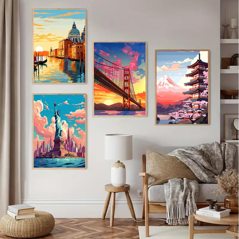 6 Pack Framed Paint by Numbers Kit for Adults Beginners with Wooden Easel,Scenery-Cityscape Easy Adults' Paint-by-Number Kits with Frame,DIY Number Painting Adults for Decor Present 8x12 inch Canrichshop